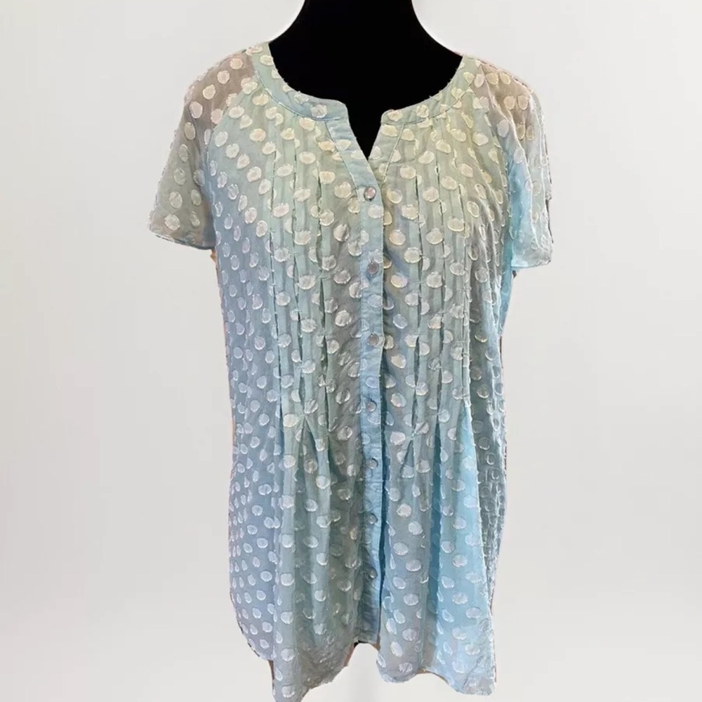 Soft Surroundings Top Blue Silk S Swiss Dot Pearl Buttons Dainty Feminine Shirt